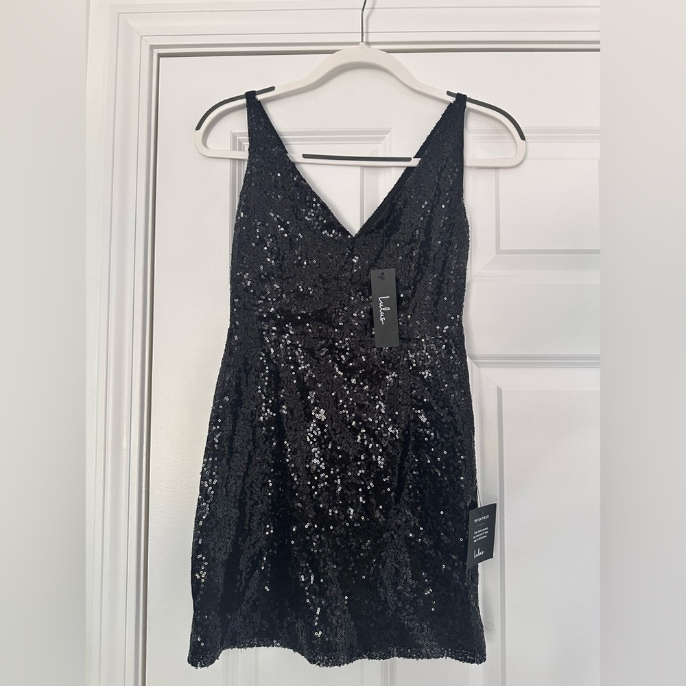 New LULUS Force of Fashion Black Backless Sequin Mini Dress Size Small